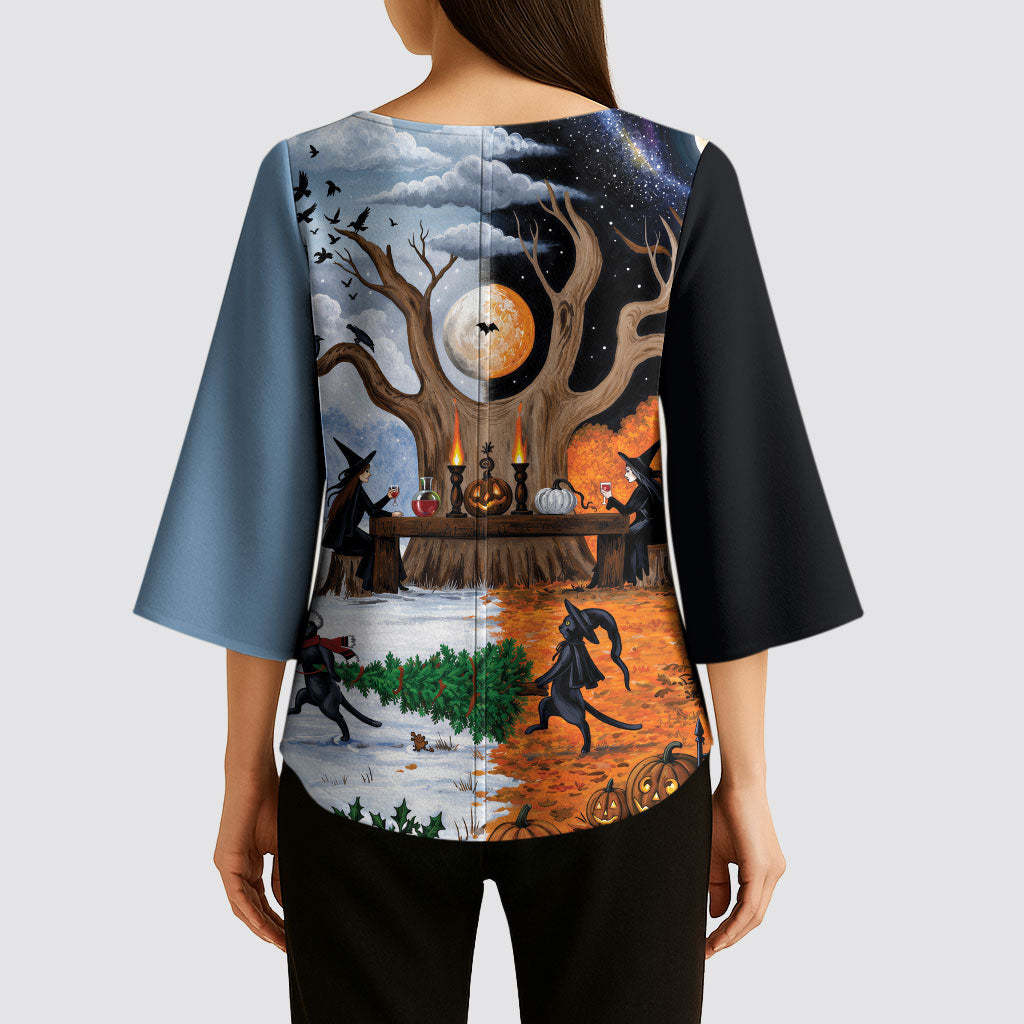 Halloween transitions into Christmas Kimono Sleeve Blouse Witches And Black Cat