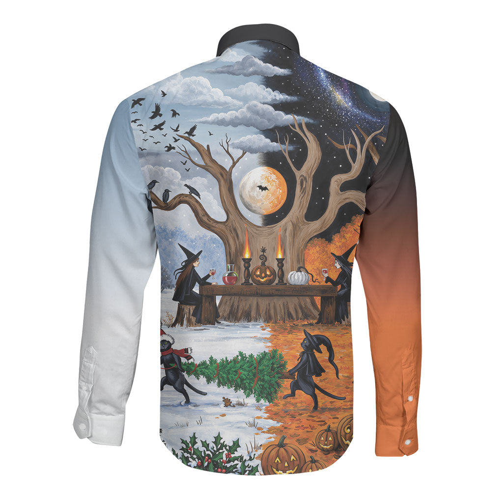 Halloween transitions into Christmas Long Sleeve Button Shirt Witches And Black Cat