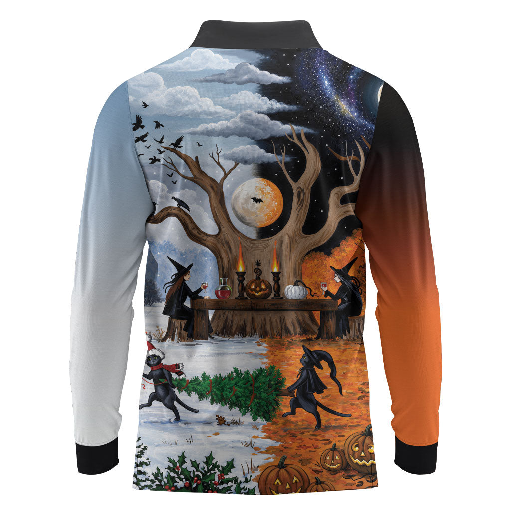 Halloween transitions into Christmas Long Sleeve Polo Shirt Witches And Black Cat