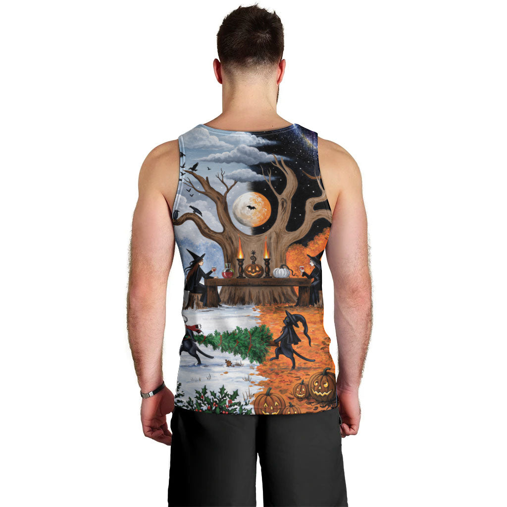 Halloween transitions into Christmas Men Tank Top Witches And Black Cat
