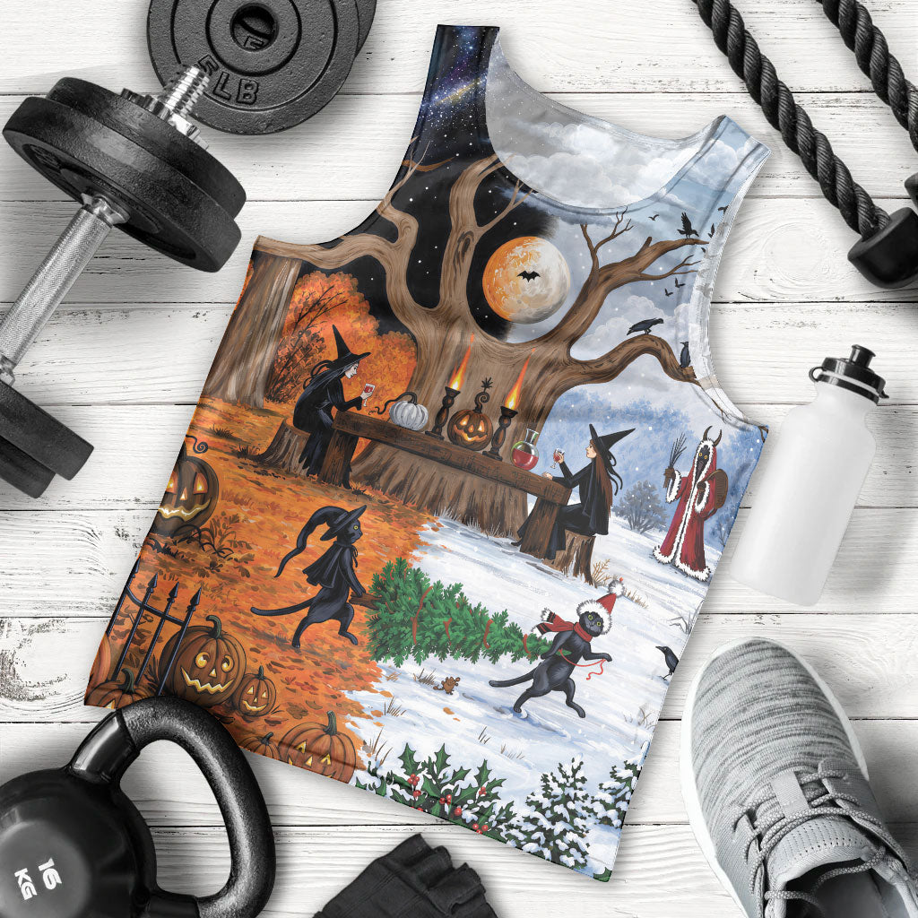 Halloween transitions into Christmas Men Tank Top Witches And Black Cat