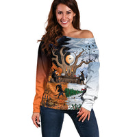 Halloween transitions into Christmas Off Shoulder Sweater Witches And Black Cat