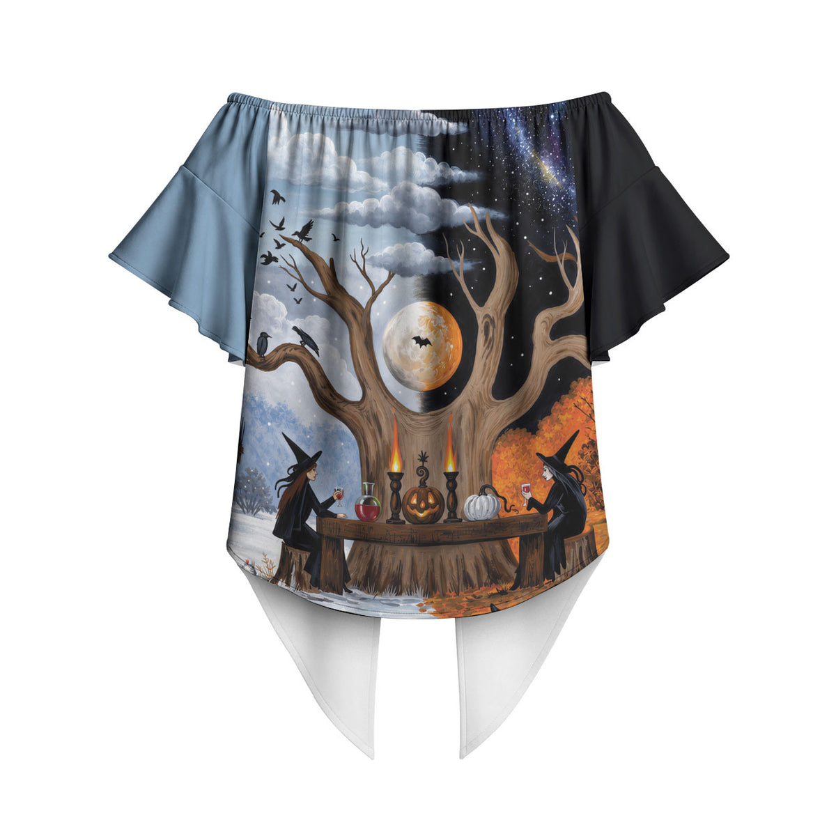 Halloween transitions into Christmas Off Shoulder Wrap Waist Top Witches And Black Cat