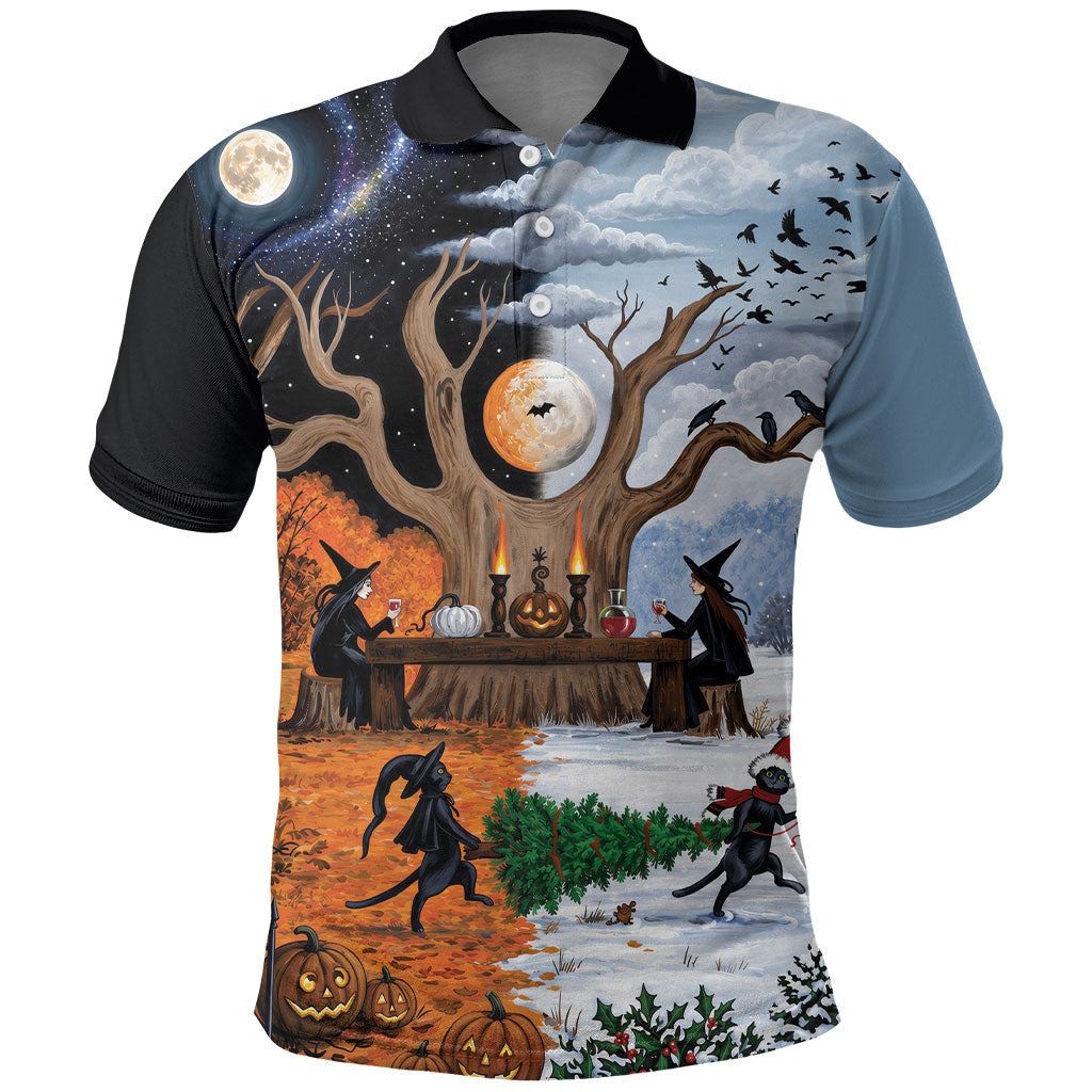 Halloween transitions into Christmas Polo Shirt Witches And Black Cat