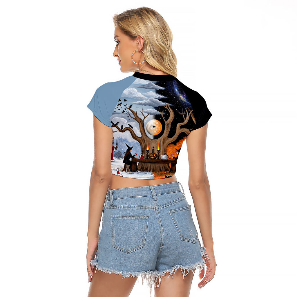 Halloween transitions into Christmas Raglan Cropped T Shirt Witches And Black Cat