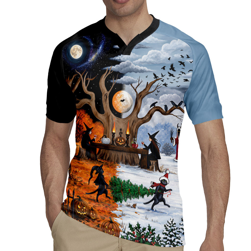 Halloween transitions into Christmas Rugby Jersey Witches And Black Cat