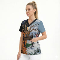 Halloween transitions into Christmas Scrub Top Witches And Black Cat