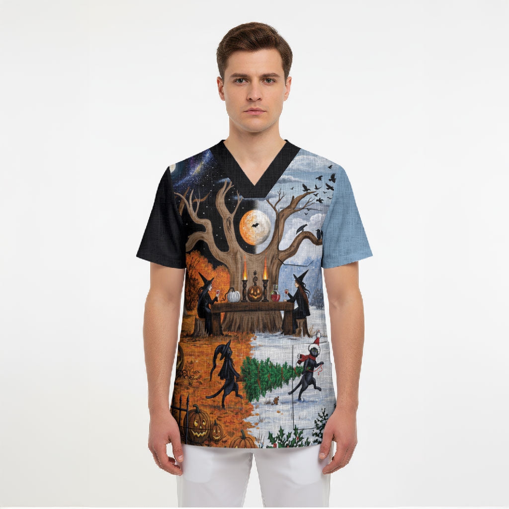 Halloween transitions into Christmas Scrub Top Witches And Black Cat