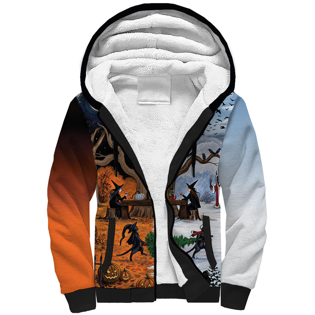 Halloween transitions into Christmas Sherpa Hoodie Witches And Black Cat