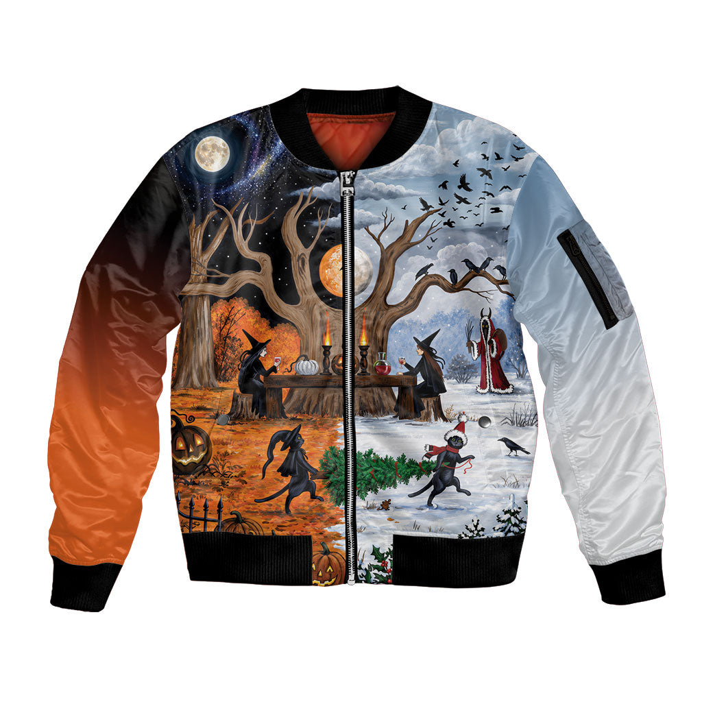 Halloween transitions into Christmas Sleeve Zip Bomber Jacket Witches And Black Cat