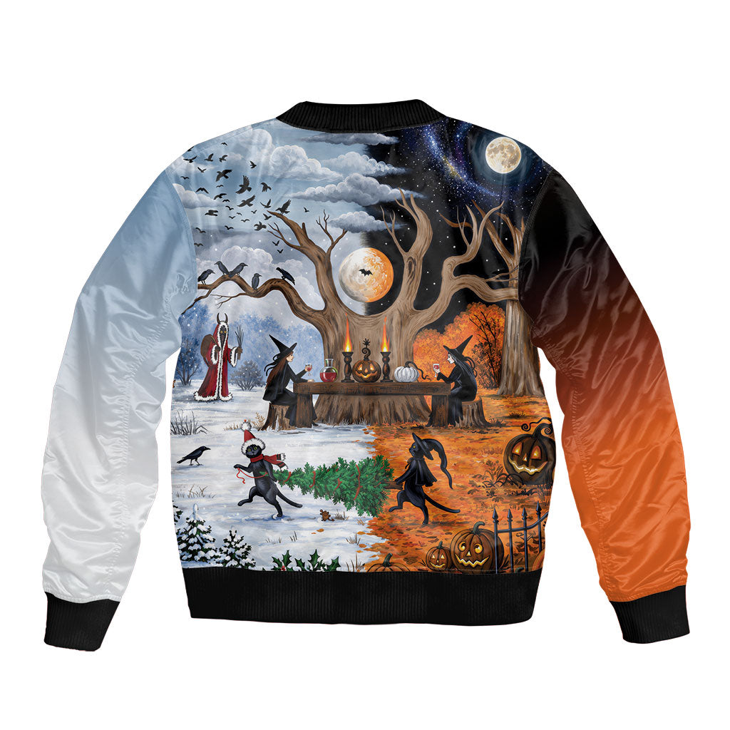 Halloween transitions into Christmas Sleeve Zip Bomber Jacket Witches And Black Cat