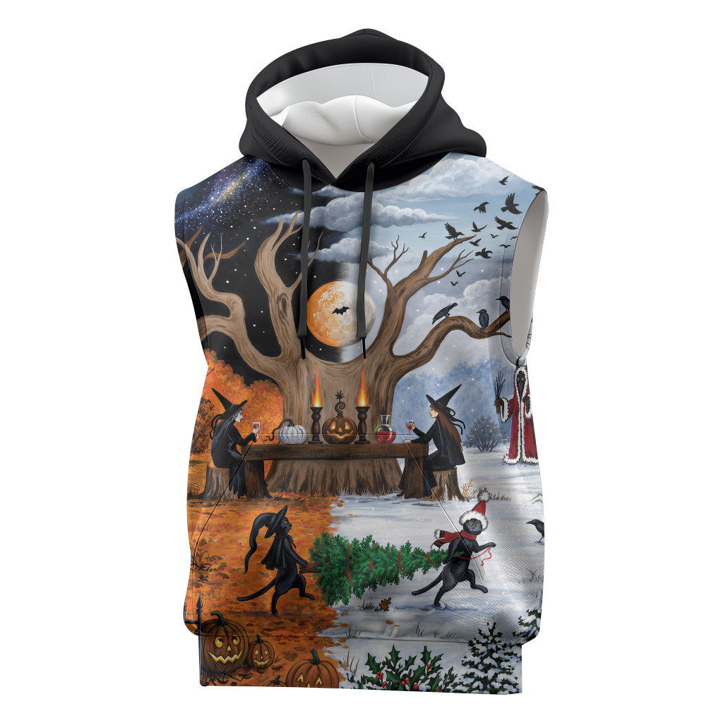 Halloween transitions into Christmas Sleeveless Hoodie Witches And Black Cat