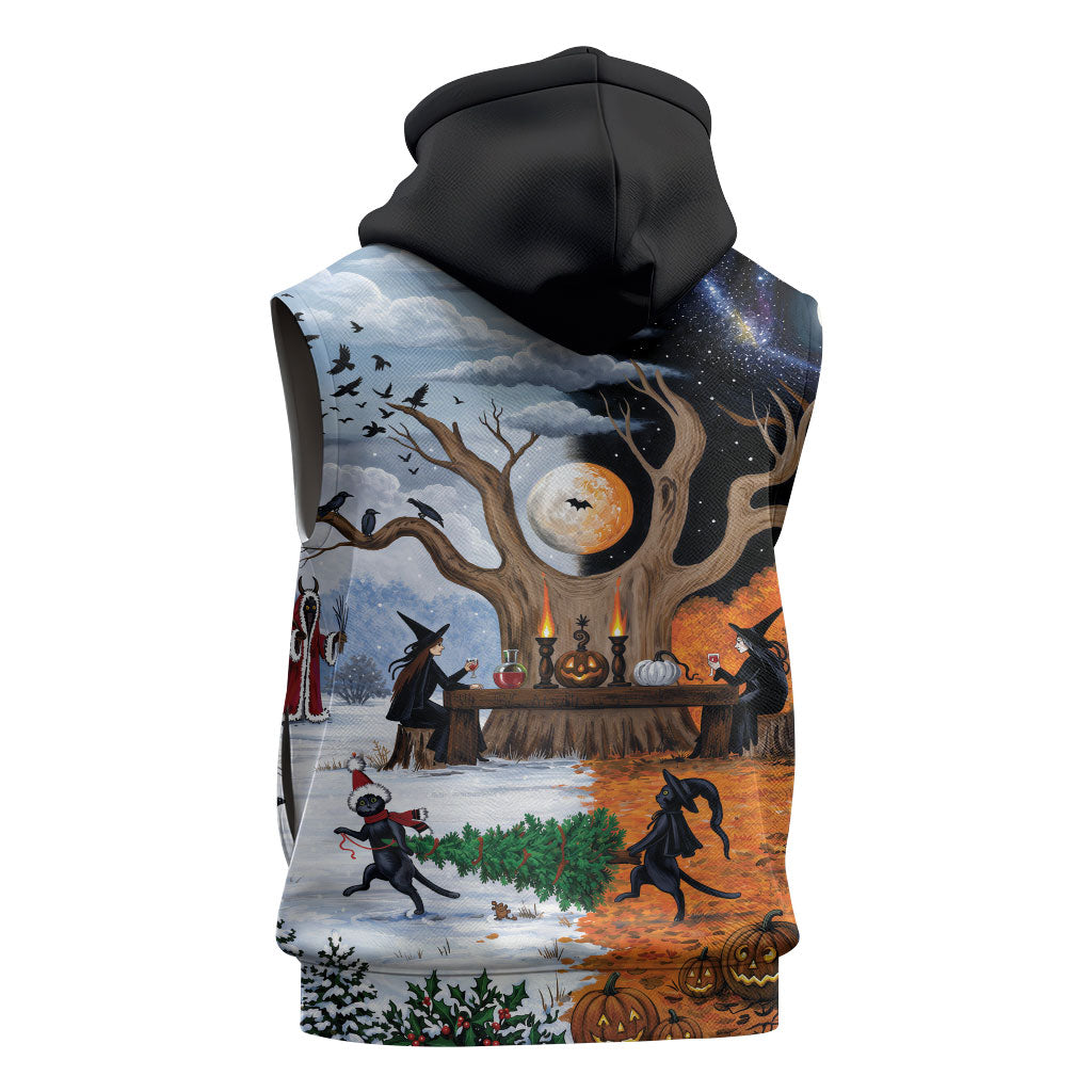 Halloween transitions into Christmas Sleeveless Hoodie Witches And Black Cat
