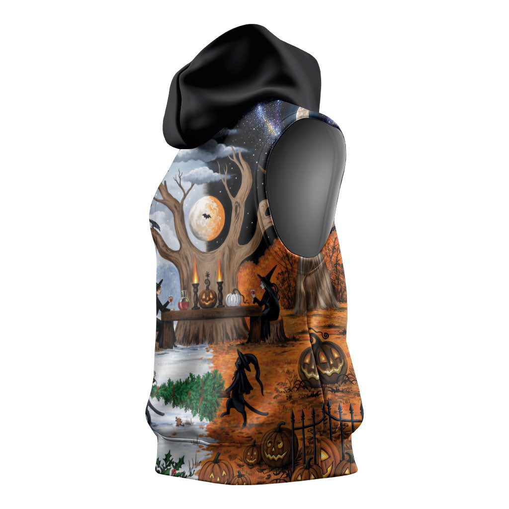 Halloween transitions into Christmas Sleeveless Hoodie Witches And Black Cat