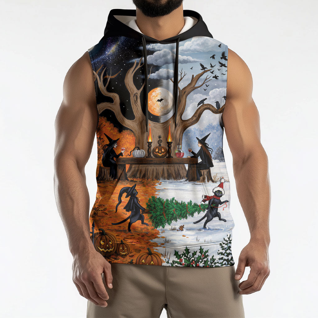 Halloween transitions into Christmas Sleeveless Hoodie Witches And Black Cat