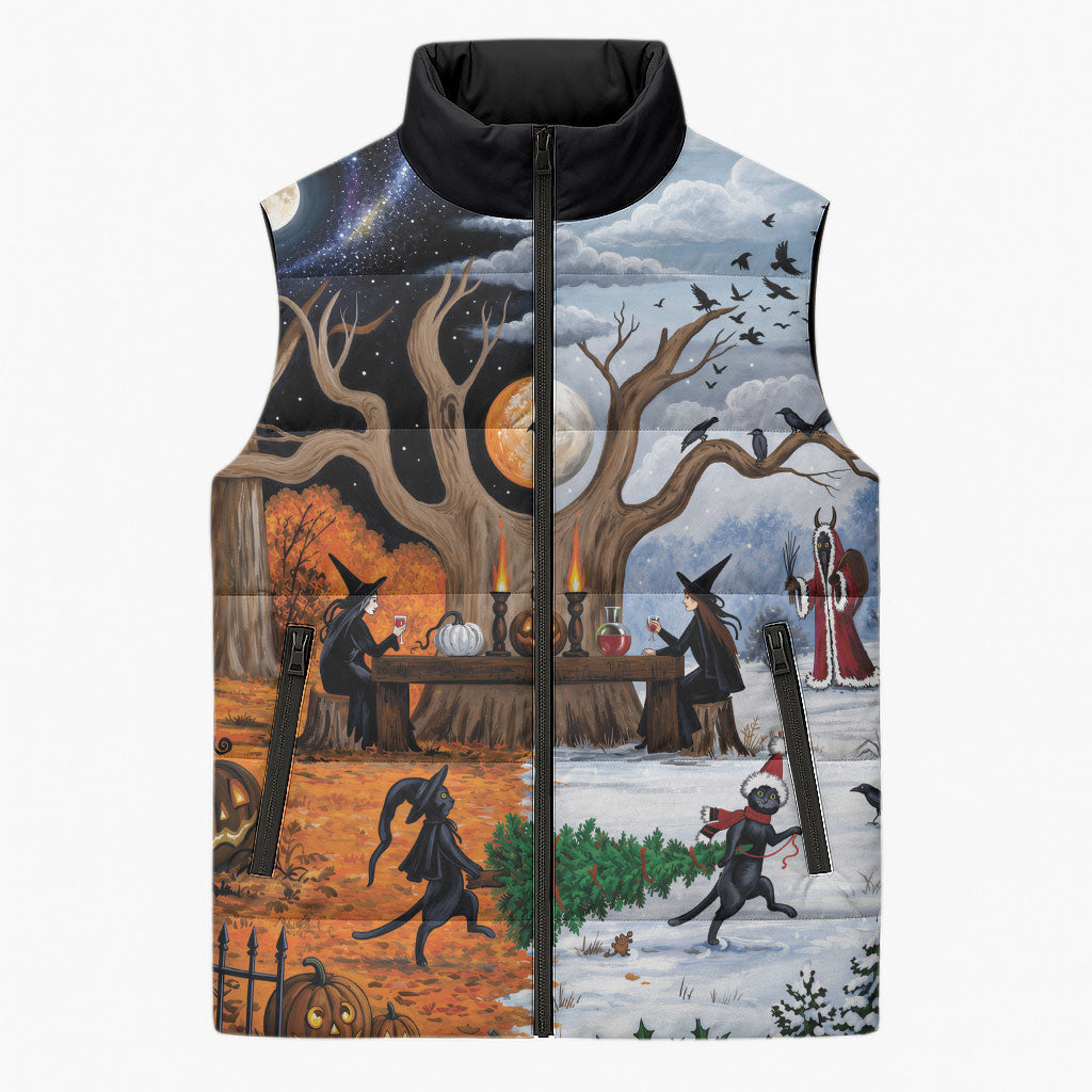 Halloween transitions into Christmas Sleeveless Puffer Jacket Witches And Black Cat