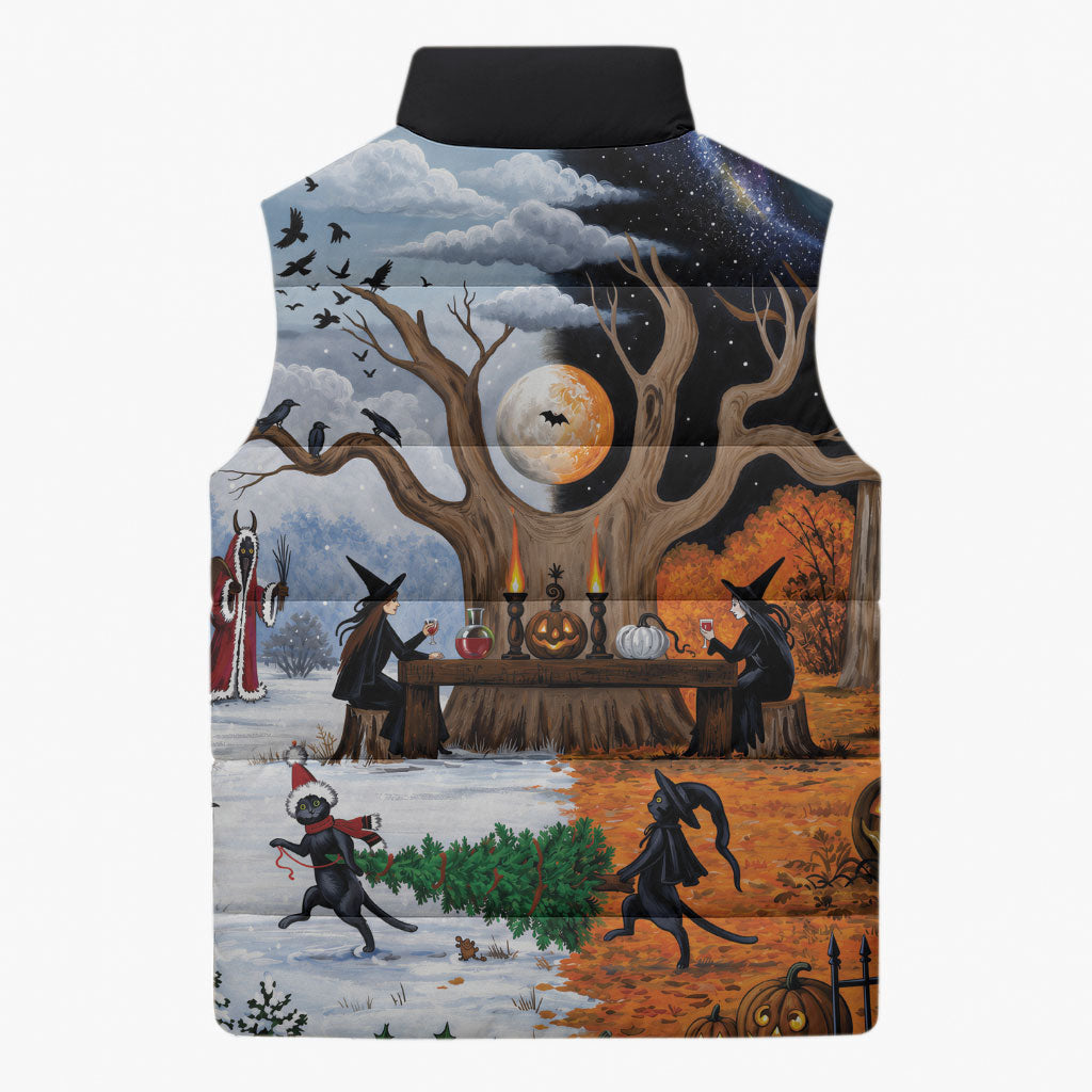 Halloween transitions into Christmas Sleeveless Puffer Jacket Witches And Black Cat