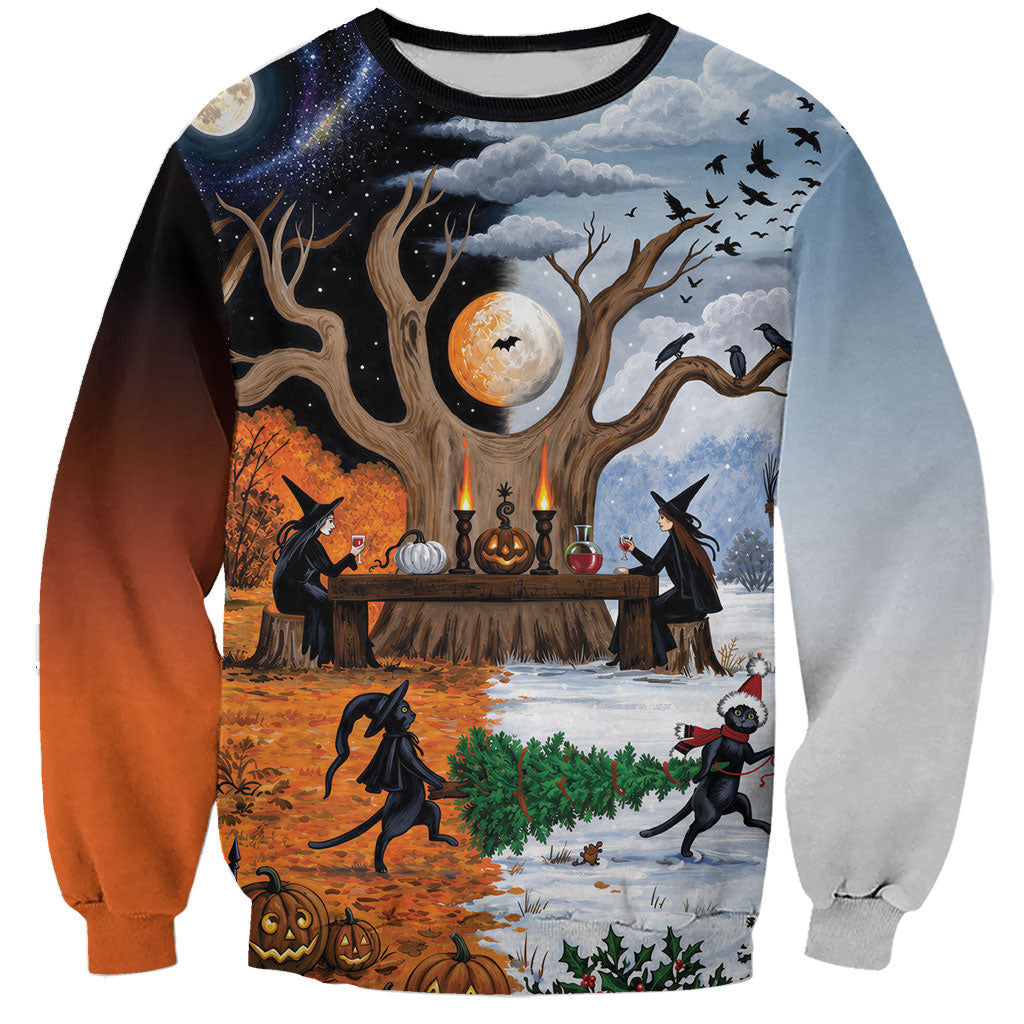 Halloween transitions into Christmas Sweatshirt Witches And Black Cat