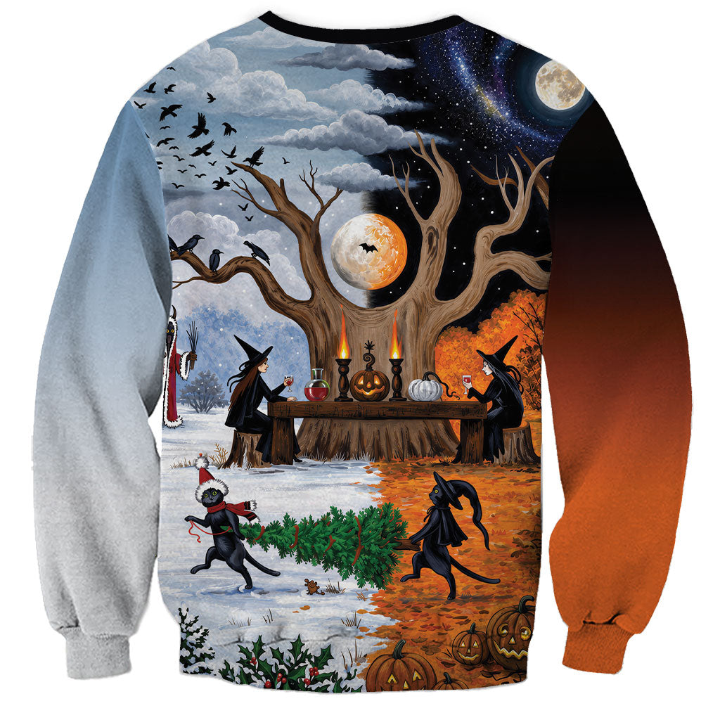 Halloween transitions into Christmas Sweatshirt Witches And Black Cat