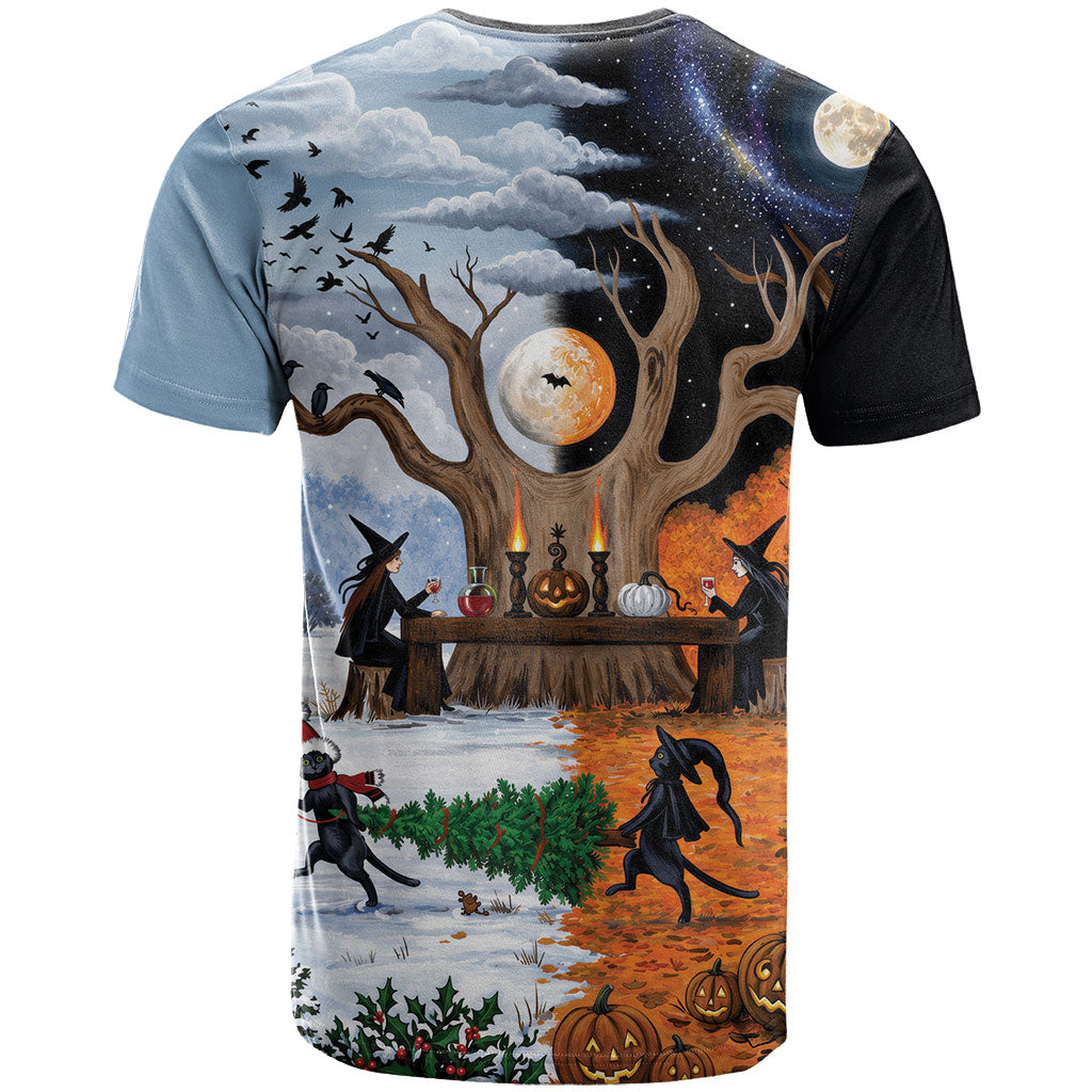 Halloween transitions into Christmas T Shirt Witches And Black Cat