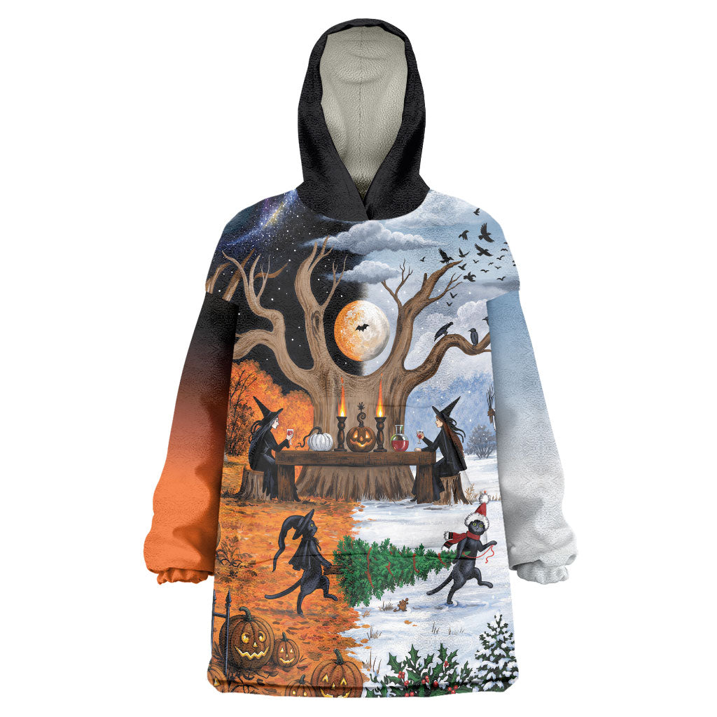 Halloween transitions into Christmas Wearable Blanket Hoodie Witches And Black Cat