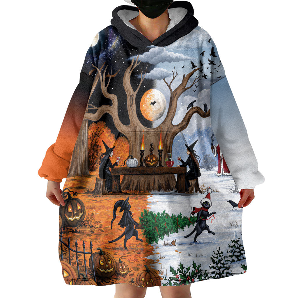 Halloween transitions into Christmas Wearable Blanket Hoodie Witches And Black Cat