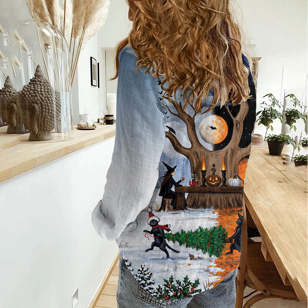 Halloween transitions into Christmas Women Casual Shirt Witches And Black Cat