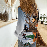 Halloween transitions into Christmas Women Casual Shirt Witches And Black Cat