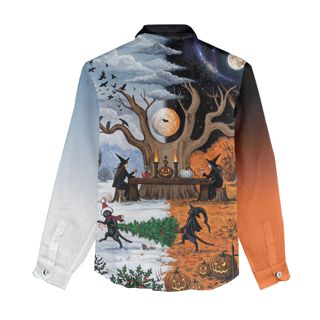Halloween transitions into Christmas Women Casual Shirt Witches And Black Cat