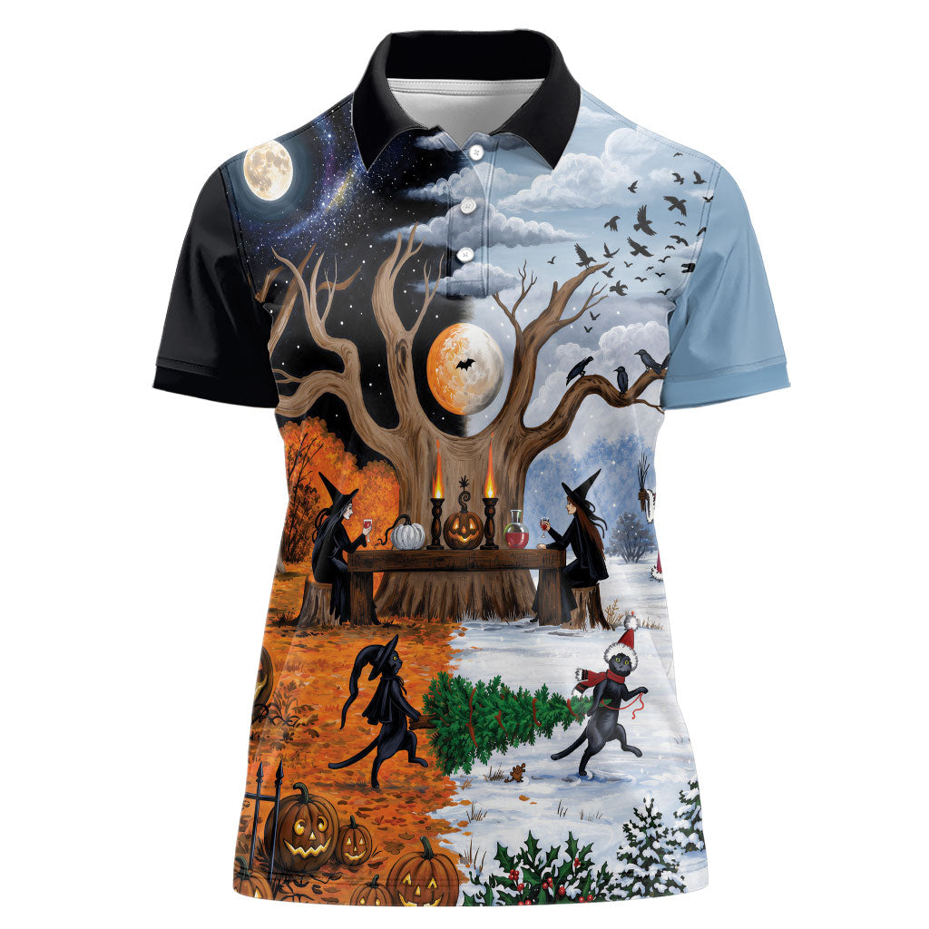 Halloween transitions into Christmas Women Polo Shirt Witches And Black Cat