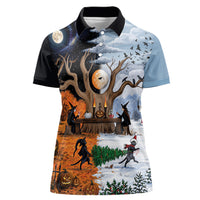 Halloween transitions into Christmas Women Polo Shirt Witches And Black Cat