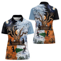 Halloween transitions into Christmas Women Polo Shirt Witches And Black Cat