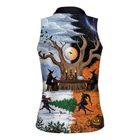 Halloween transitions into Christmas Women Sleeveless Polo Shirt Witches And Black Cat
