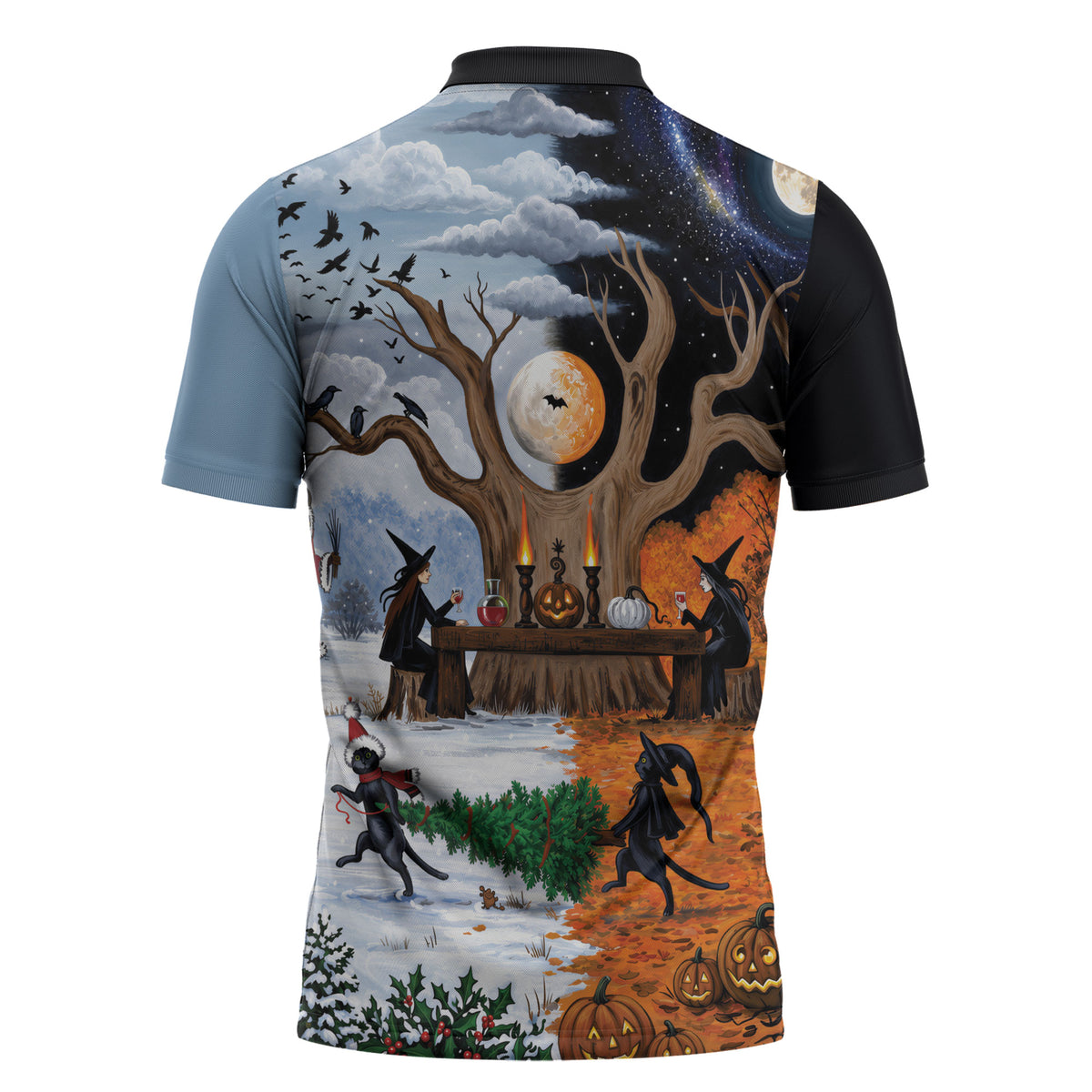 Halloween transitions into Christmas Zipper Polo Shirt Witches And Black Cat
