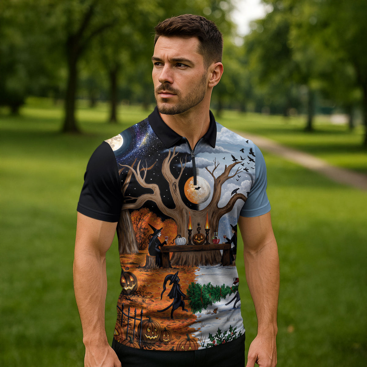 Halloween transitions into Christmas Zipper Polo Shirt Witches And Black Cat