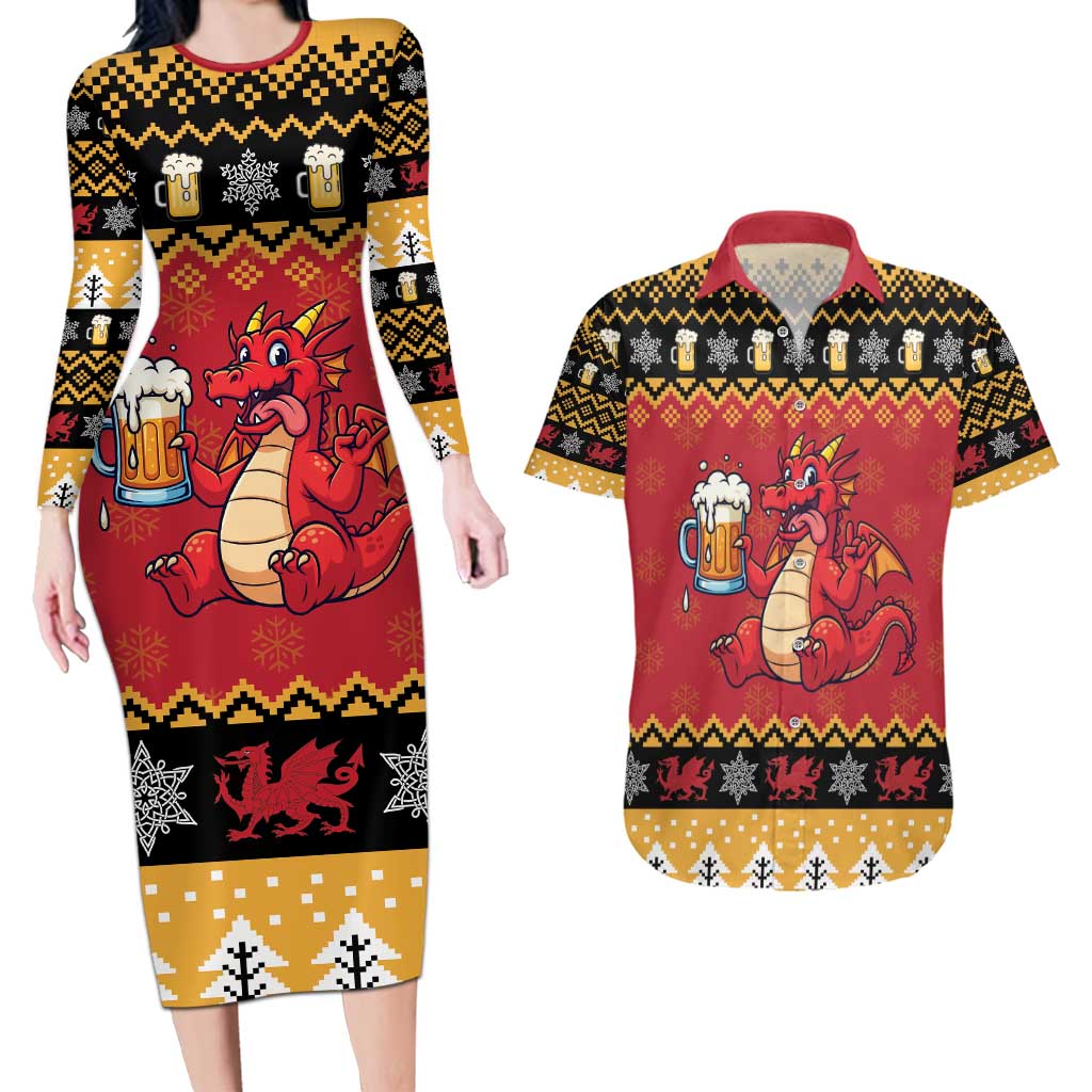 Carmarthenshire Wales Christmas Couples Matching Long Sleeve Bodycon Dress and Hawaiian Shirt Funny Welsh Red Dragon Beer Xmas - Wonder Print Shop
