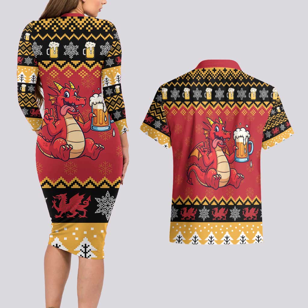 Carmarthenshire Wales Christmas Couples Matching Long Sleeve Bodycon Dress and Hawaiian Shirt Funny Welsh Red Dragon Beer Xmas - Wonder Print Shop