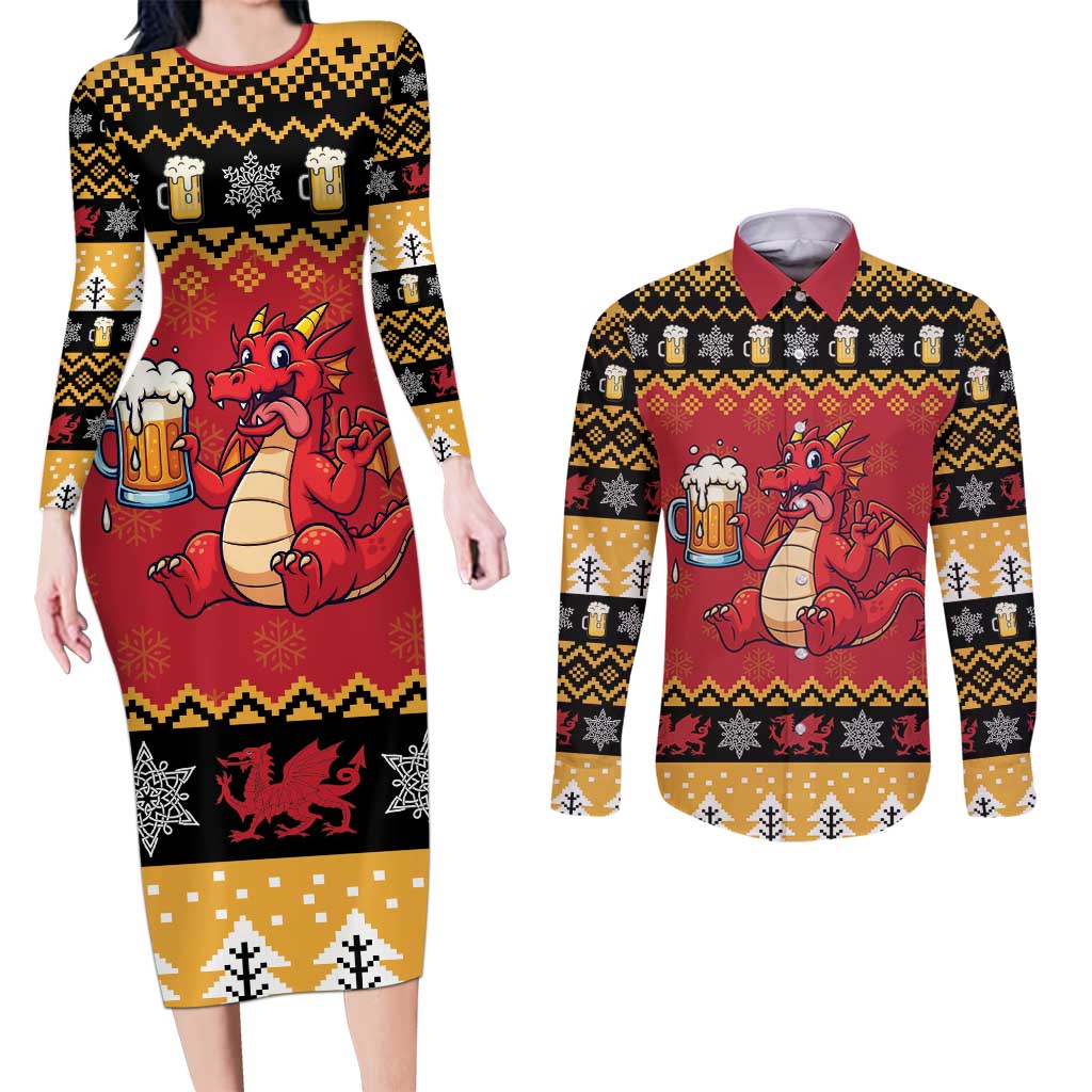 Carmarthenshire Wales Christmas Couples Matching Long Sleeve Bodycon Dress and Long Sleeve Button Shirt Funny Welsh Red Dragon Beer Xmas - Wonder Print Shop