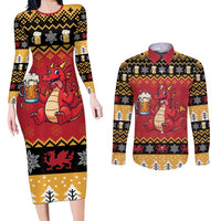 Carmarthenshire Wales Christmas Couples Matching Long Sleeve Bodycon Dress and Long Sleeve Button Shirt Funny Welsh Red Dragon Beer Xmas - Wonder Print Shop
