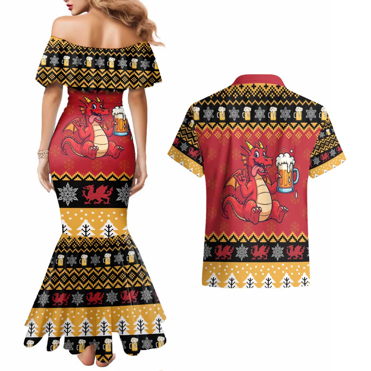 Carmarthenshire Wales Christmas Couples Matching Mermaid Dress and Hawaiian Shirt Funny Welsh Red Dragon Beer Xmas - Wonder Print Shop