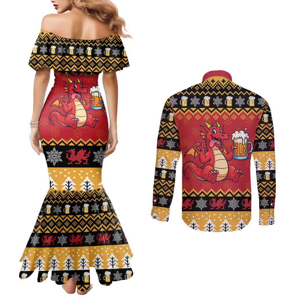 Carmarthenshire Wales Christmas Couples Matching Mermaid Dress and Long Sleeve Button Shirt Funny Welsh Red Dragon Beer Xmas - Wonder Print Shop