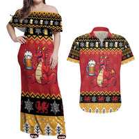 Carmarthenshire Wales Christmas Couples Matching Off Shoulder Maxi Dress and Hawaiian Shirt Funny Welsh Red Dragon Beer Xmas - Wonder Print Shop