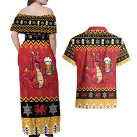Carmarthenshire Wales Christmas Couples Matching Off Shoulder Maxi Dress and Hawaiian Shirt Funny Welsh Red Dragon Beer Xmas - Wonder Print Shop