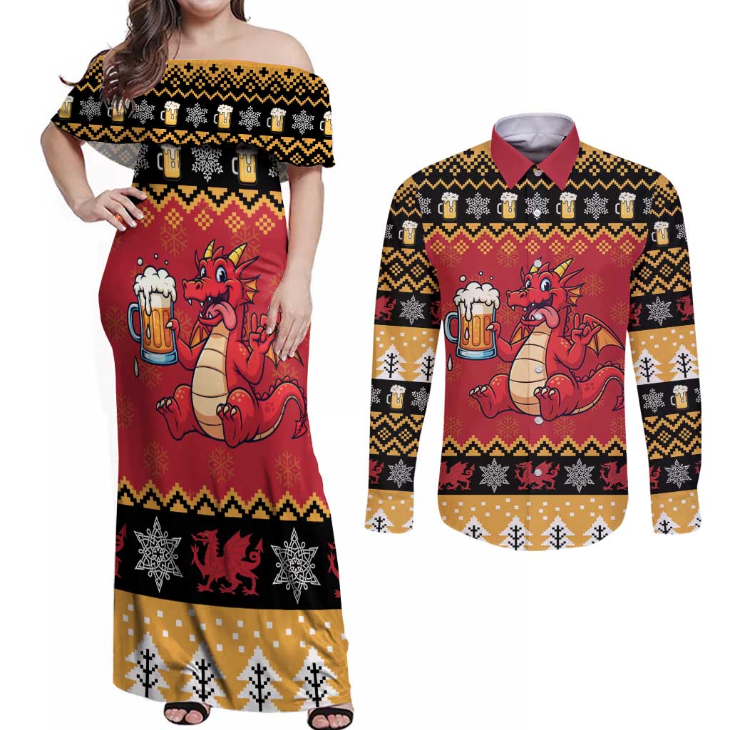 Carmarthenshire Wales Christmas Couples Matching Off Shoulder Maxi Dress and Long Sleeve Button Shirt Funny Welsh Red Dragon Beer Xmas - Wonder Print Shop