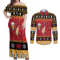 Carmarthenshire Wales Christmas Couples Matching Off Shoulder Maxi Dress and Long Sleeve Button Shirt Funny Welsh Red Dragon Beer Xmas - Wonder Print Shop