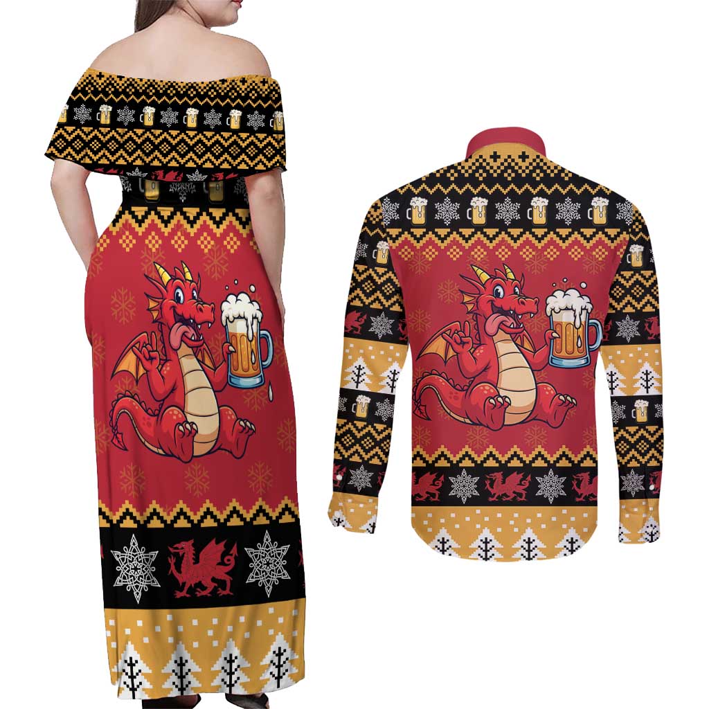 Carmarthenshire Wales Christmas Couples Matching Off Shoulder Maxi Dress and Long Sleeve Button Shirt Funny Welsh Red Dragon Beer Xmas - Wonder Print Shop
