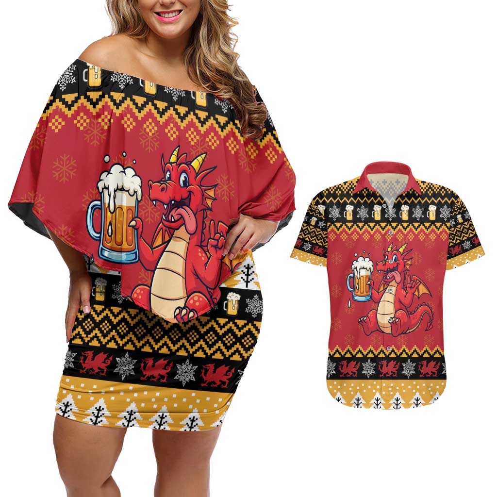 Carmarthenshire Wales Christmas Couples Matching Off Shoulder Short Dress and Hawaiian Shirt Funny Welsh Red Dragon Beer Xmas - Wonder Print Shop