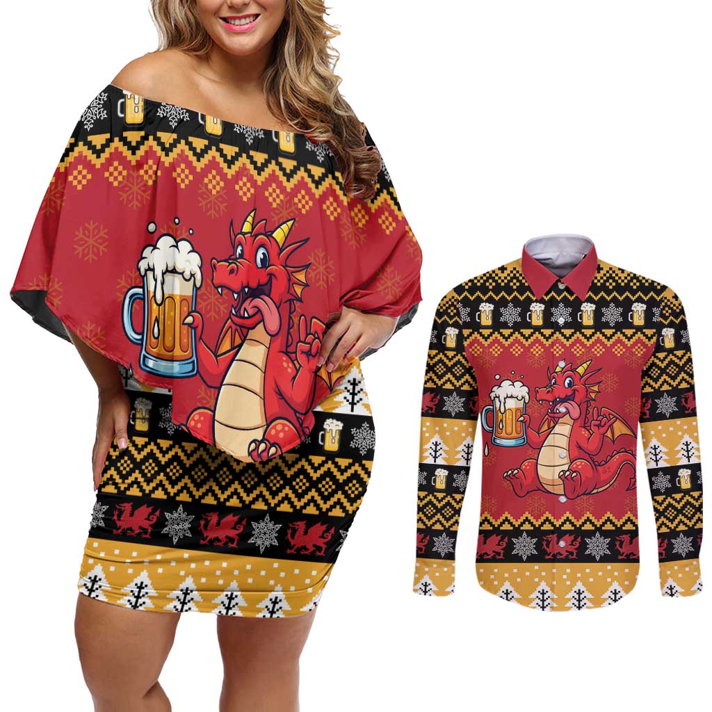 Carmarthenshire Wales Christmas Couples Matching Off Shoulder Short Dress and Long Sleeve Button Shirt Funny Welsh Red Dragon Beer Xmas - Wonder Print Shop