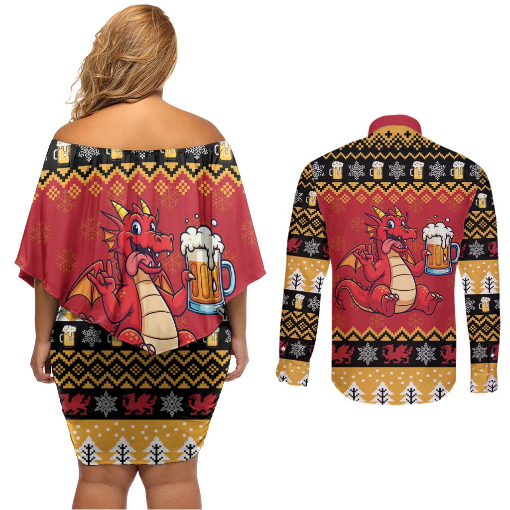 Carmarthenshire Wales Christmas Couples Matching Off Shoulder Short Dress and Long Sleeve Button Shirt Funny Welsh Red Dragon Beer Xmas - Wonder Print Shop