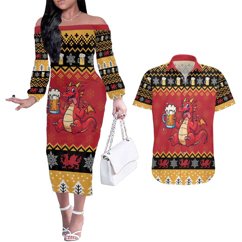 Carmarthenshire Wales Christmas Couples Matching Off The Shoulder Long Sleeve Dress and Hawaiian Shirt Funny Welsh Red Dragon Beer Xmas - Wonder Print Shop